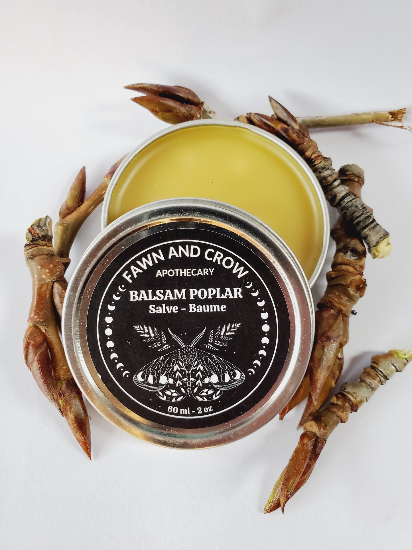 A tin container of Balsam Poplar Salve with a black label on top, open lid revealing the salve inside, surrounded by dried tree buds.