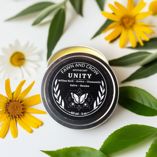 silver tin of herbal salve on table with chamomile and willow leaves