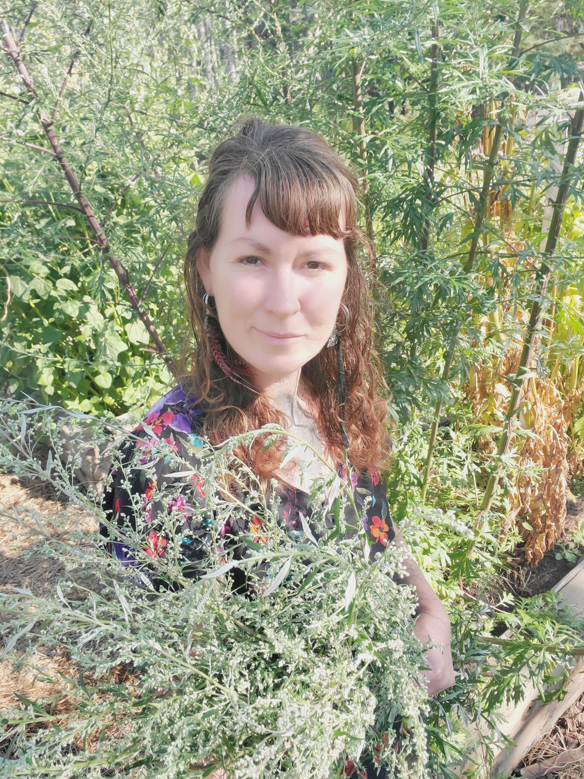 Woman standing among green plants holding a bushel of mugwort