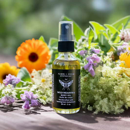 Botanical body oil in glass bottle surrounded by flowers and herbs